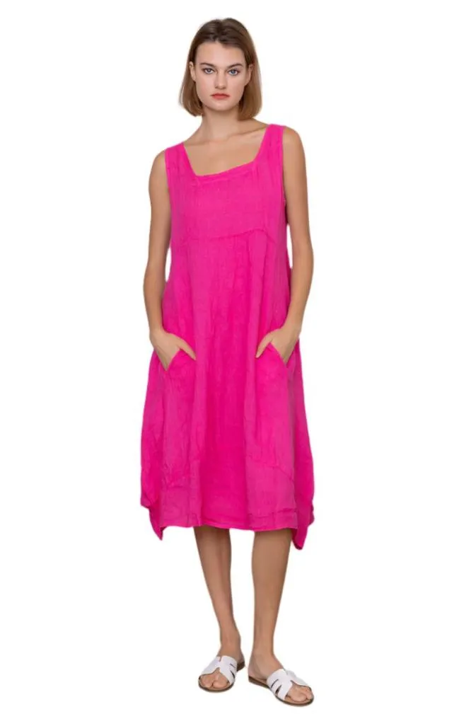 Sleeveless Italian Midi Linen Dress With Square Neckline