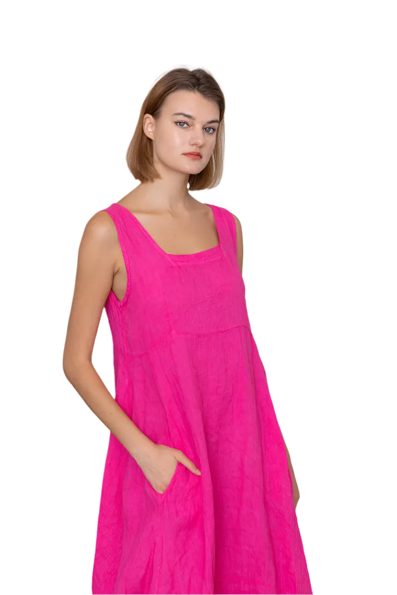 Sleeveless Italian Midi Linen Dress With Square Neckline