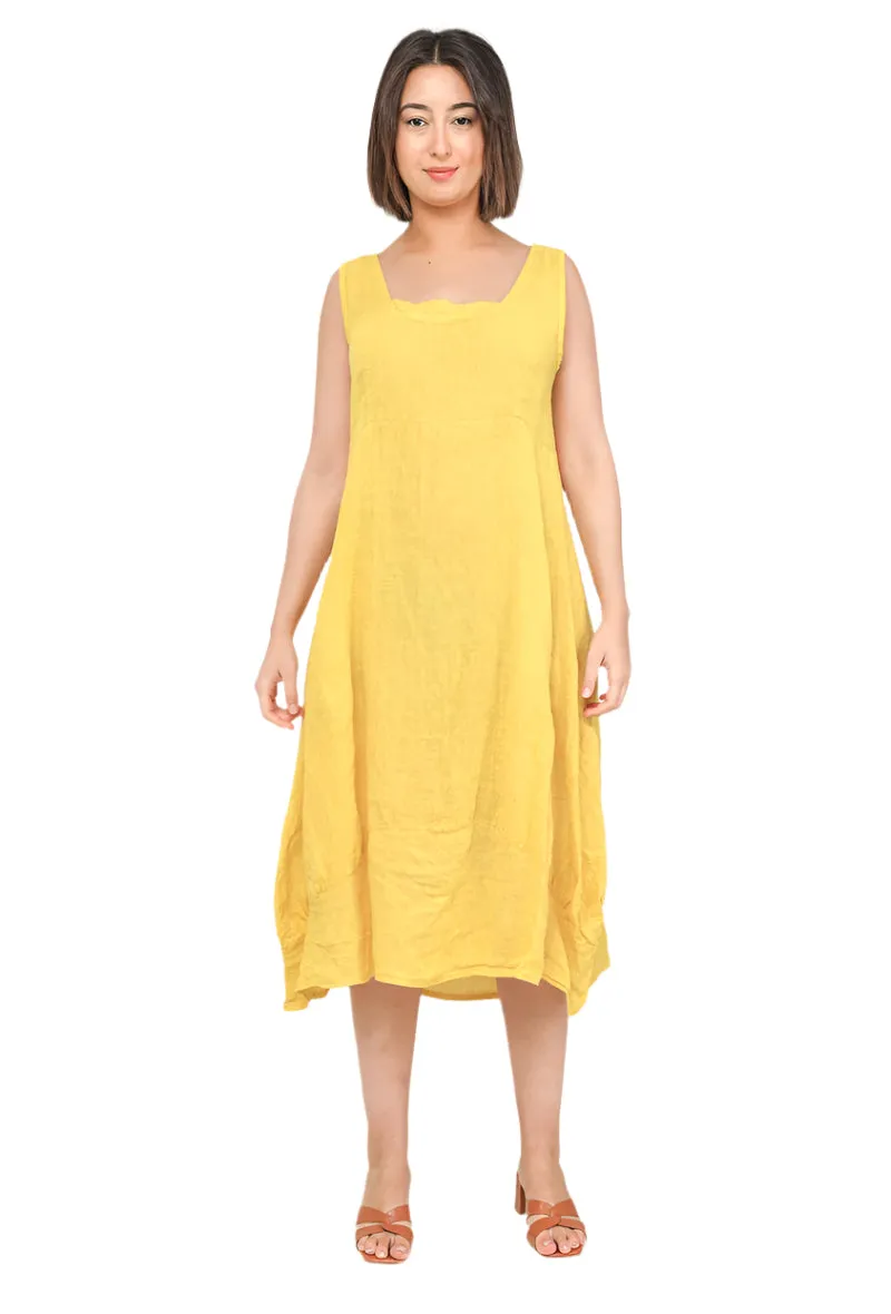 Sleeveless Italian Midi Linen Dress With Square Neckline