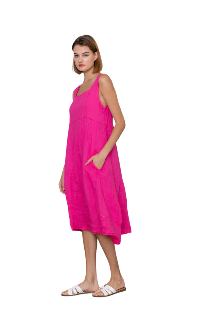 Sleeveless Italian Midi Linen Dress With Square Neckline