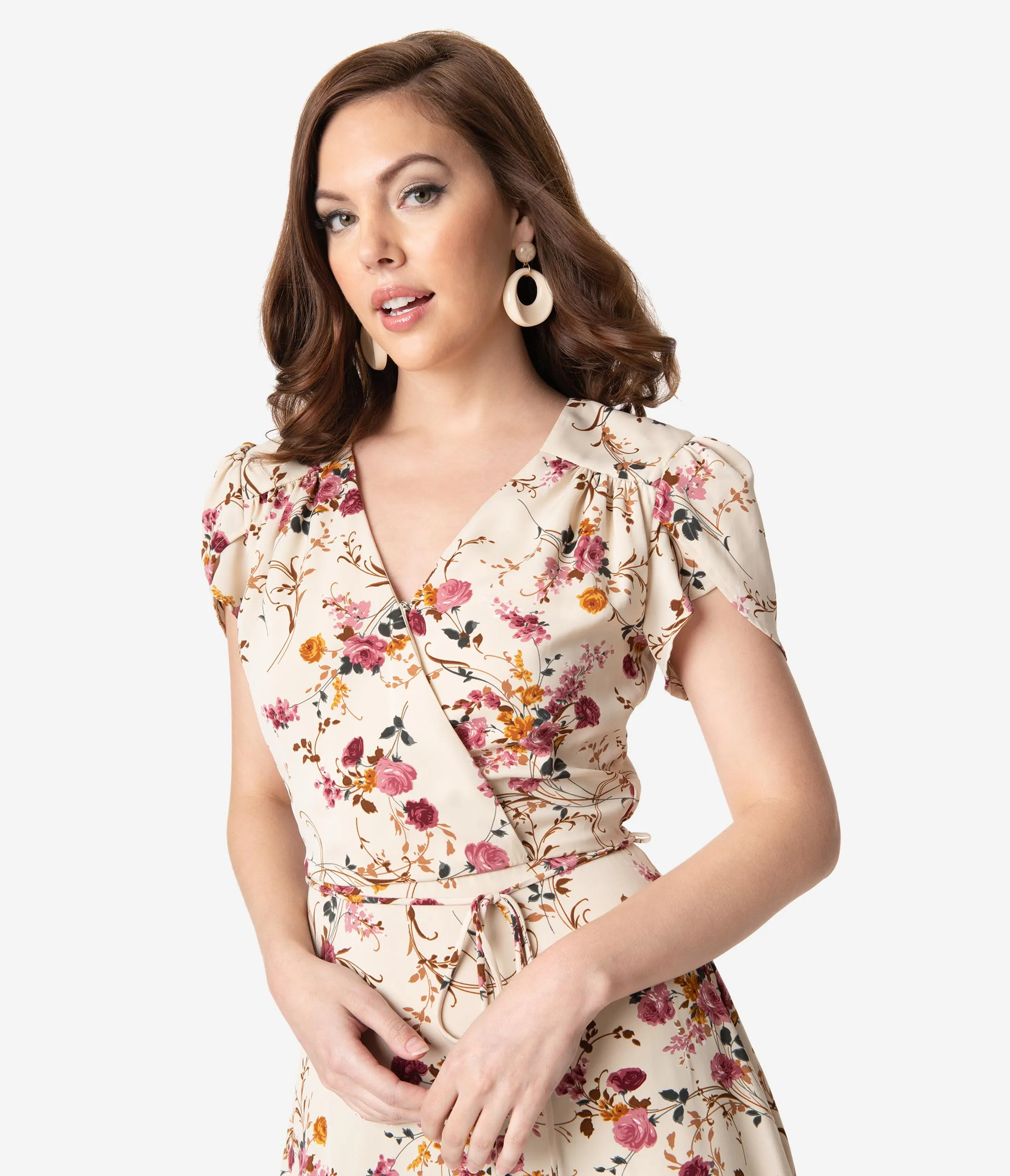 Smak Parlour Beige & Pink Floral Print Hide And Go Chic Midi Dress