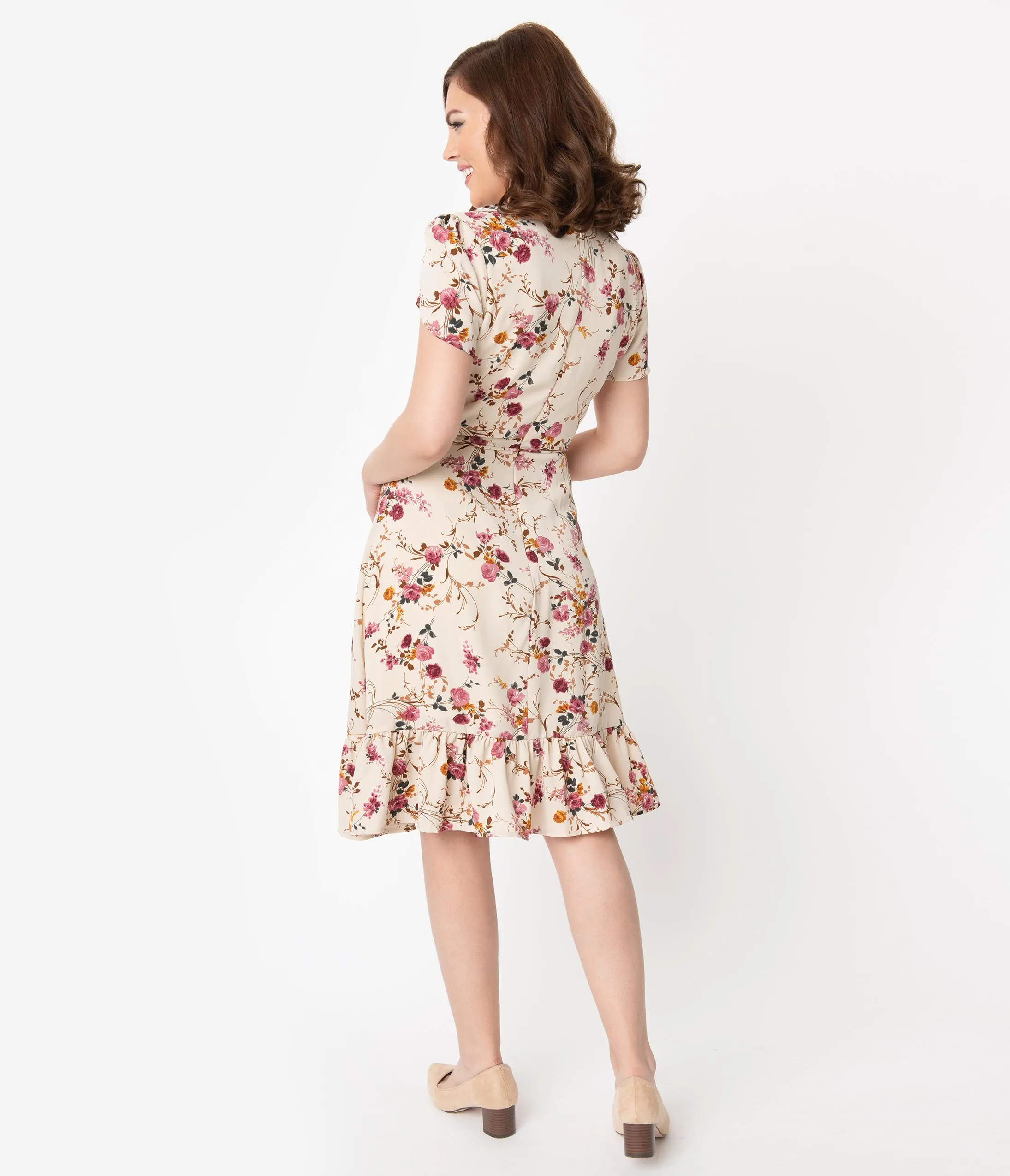Smak Parlour Beige & Pink Floral Print Hide And Go Chic Midi Dress