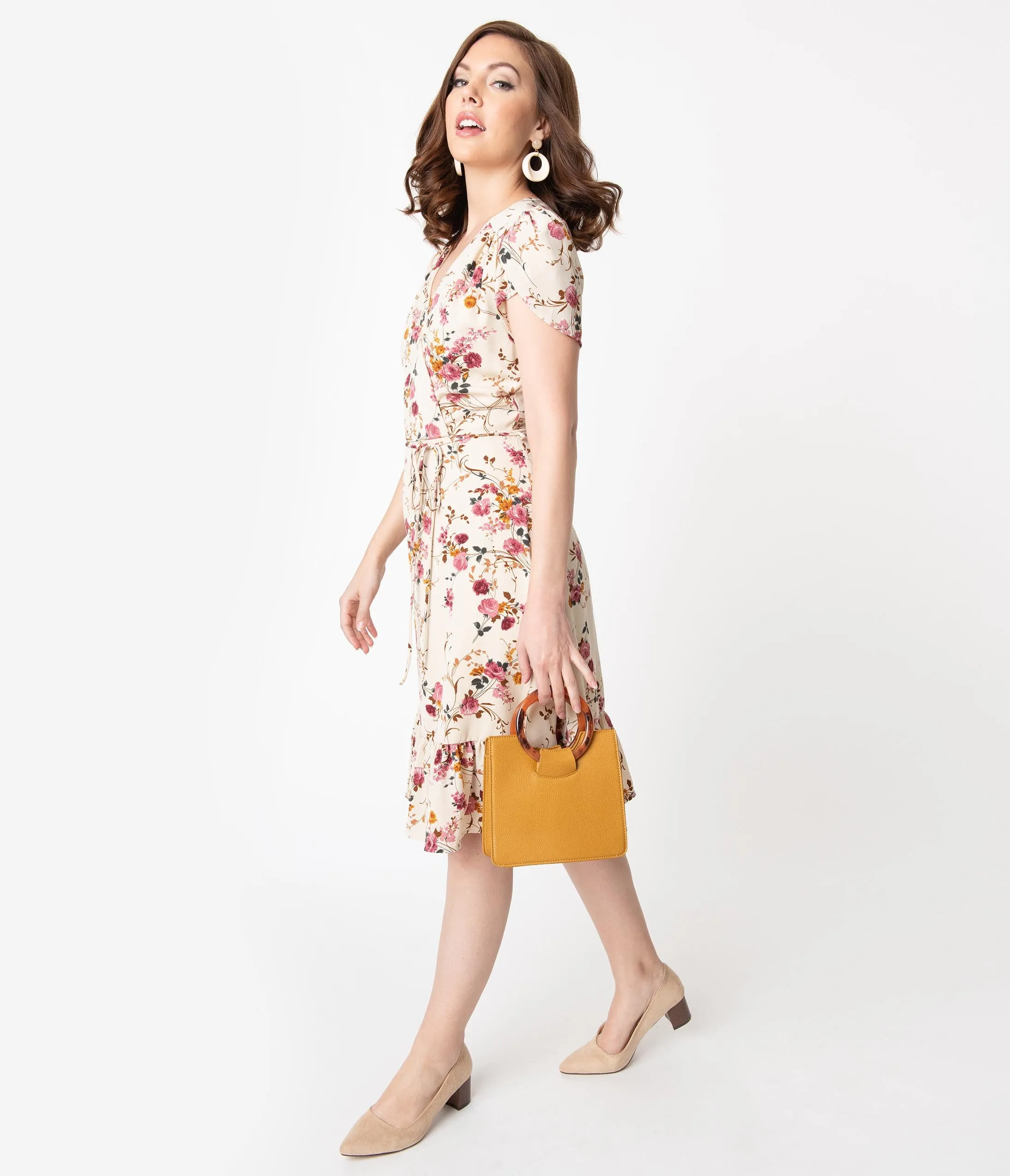 Smak Parlour Beige & Pink Floral Print Hide And Go Chic Midi Dress