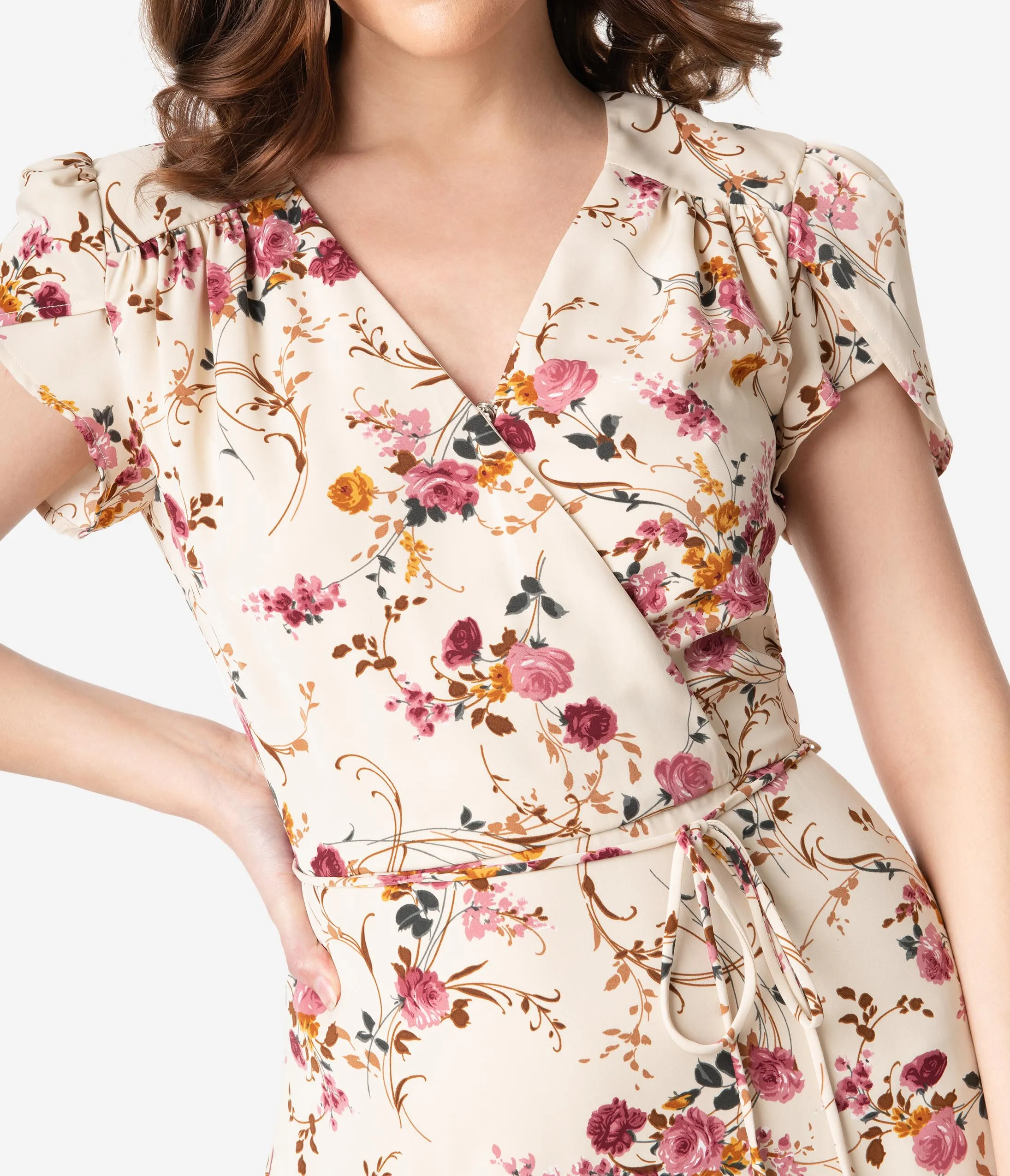 Smak Parlour Beige & Pink Floral Print Hide And Go Chic Midi Dress