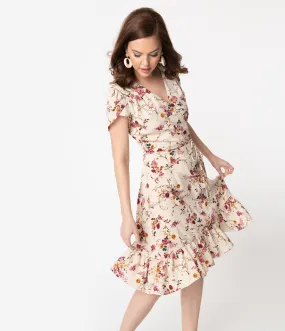 Smak Parlour Beige & Pink Floral Print Hide And Go Chic Midi Dress