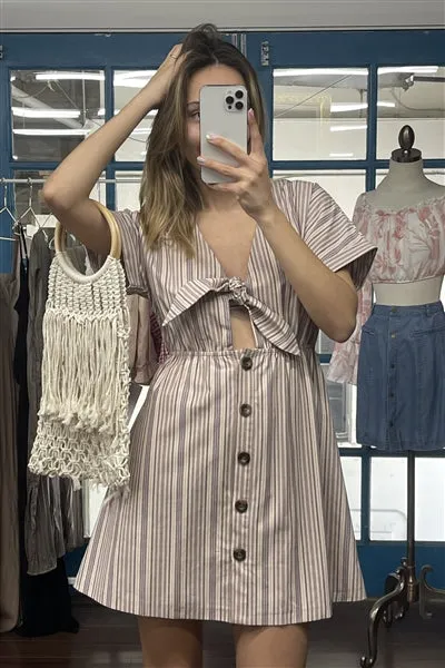 So 90's! Blush Striped Self-Tie Front Button Down Mini Shirt Dress