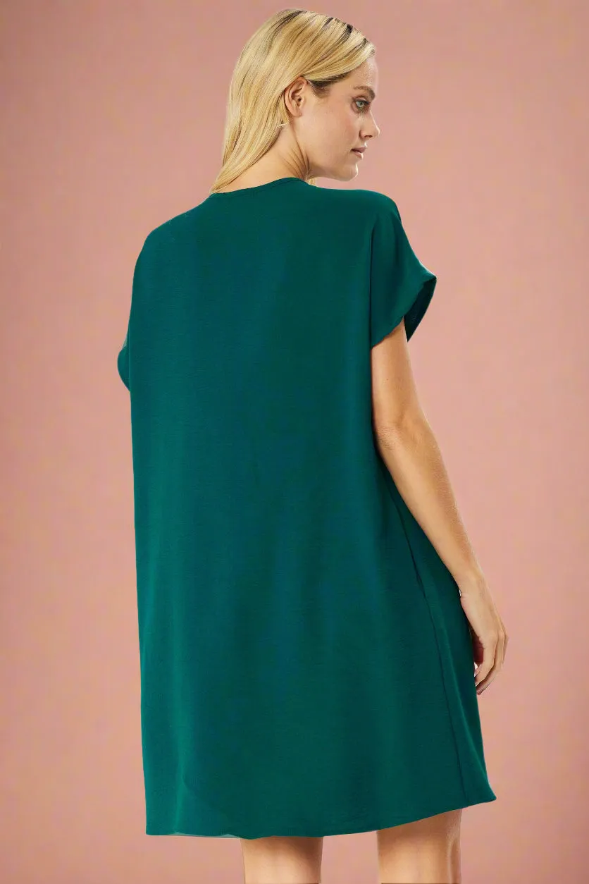Solid V-Neck Relaxed Fit Short Sleeve Dress - Green