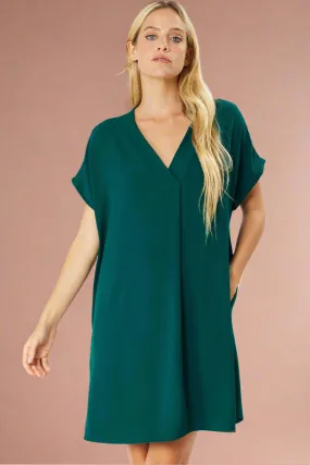 Solid V-Neck Relaxed Fit Short Sleeve Dress - Green
