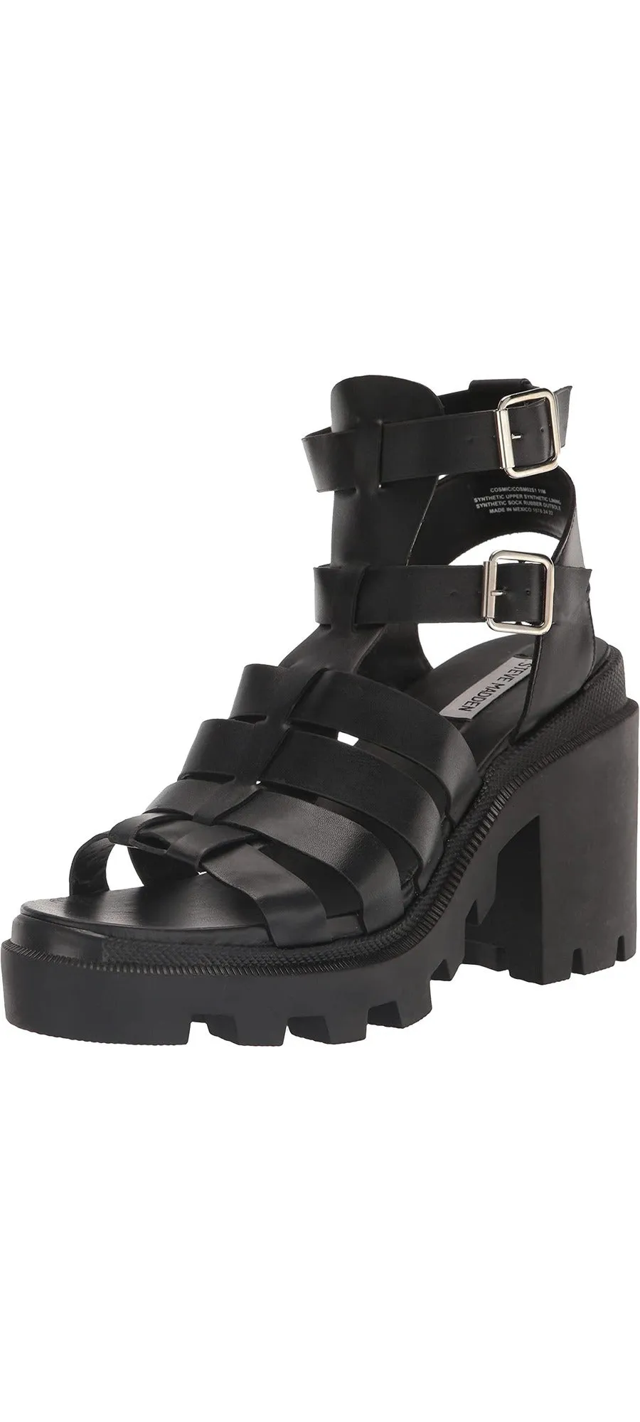Steve Madden Cosmic Black Block Heel Squared Toe Strappy Buckle Heeled Sandals