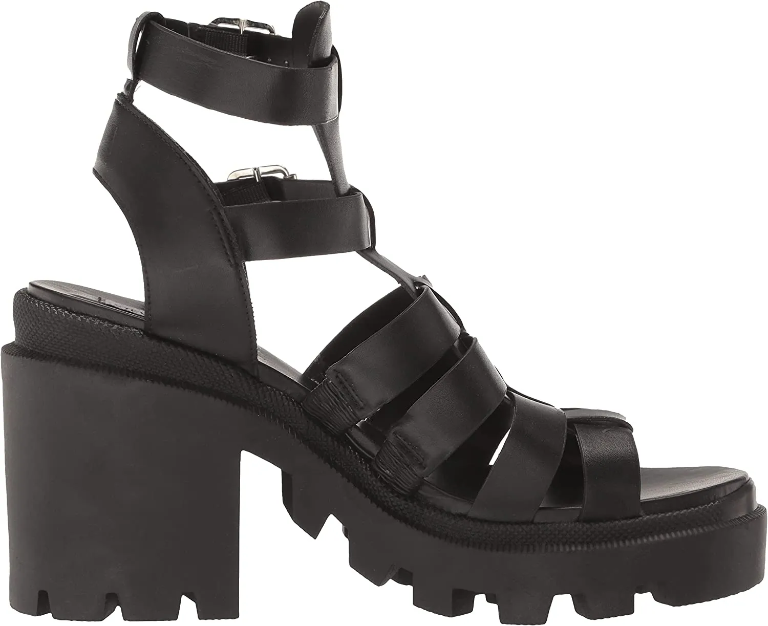 Steve Madden Cosmic Black Block Heel Squared Toe Strappy Buckle Heeled Sandals