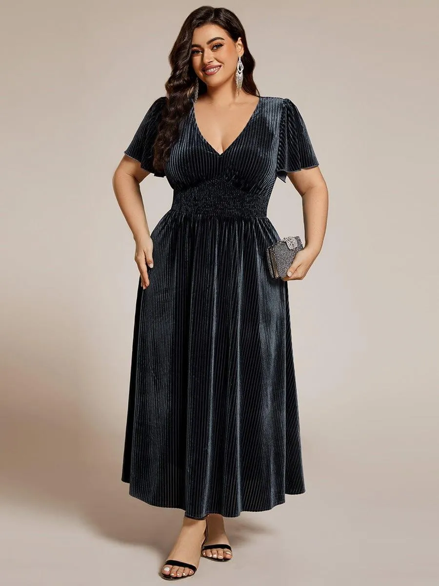 Striped Velvet Flutter Sleeves V-Neck Midi Wedding Guest Dress