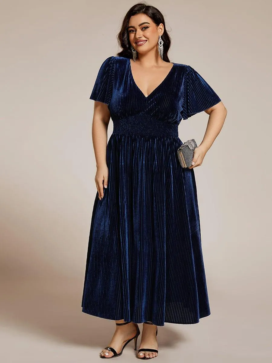 Striped Velvet Flutter Sleeves V-Neck Midi Wedding Guest Dress