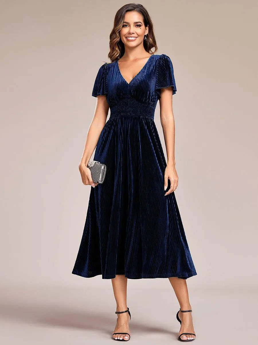 Striped Velvet Flutter Sleeves V-Neck Midi Wedding Guest Dress