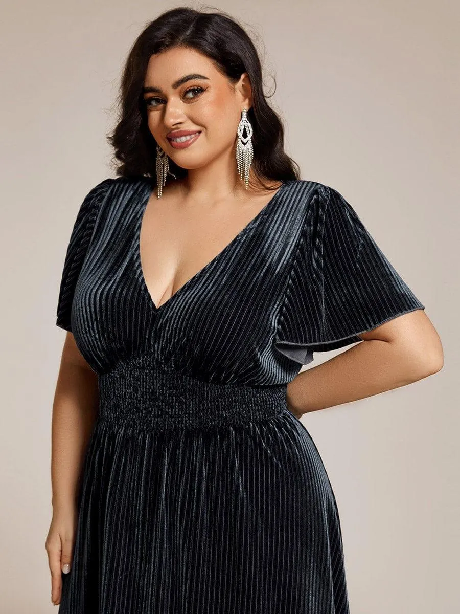 Striped Velvet Flutter Sleeves V-Neck Midi Wedding Guest Dress