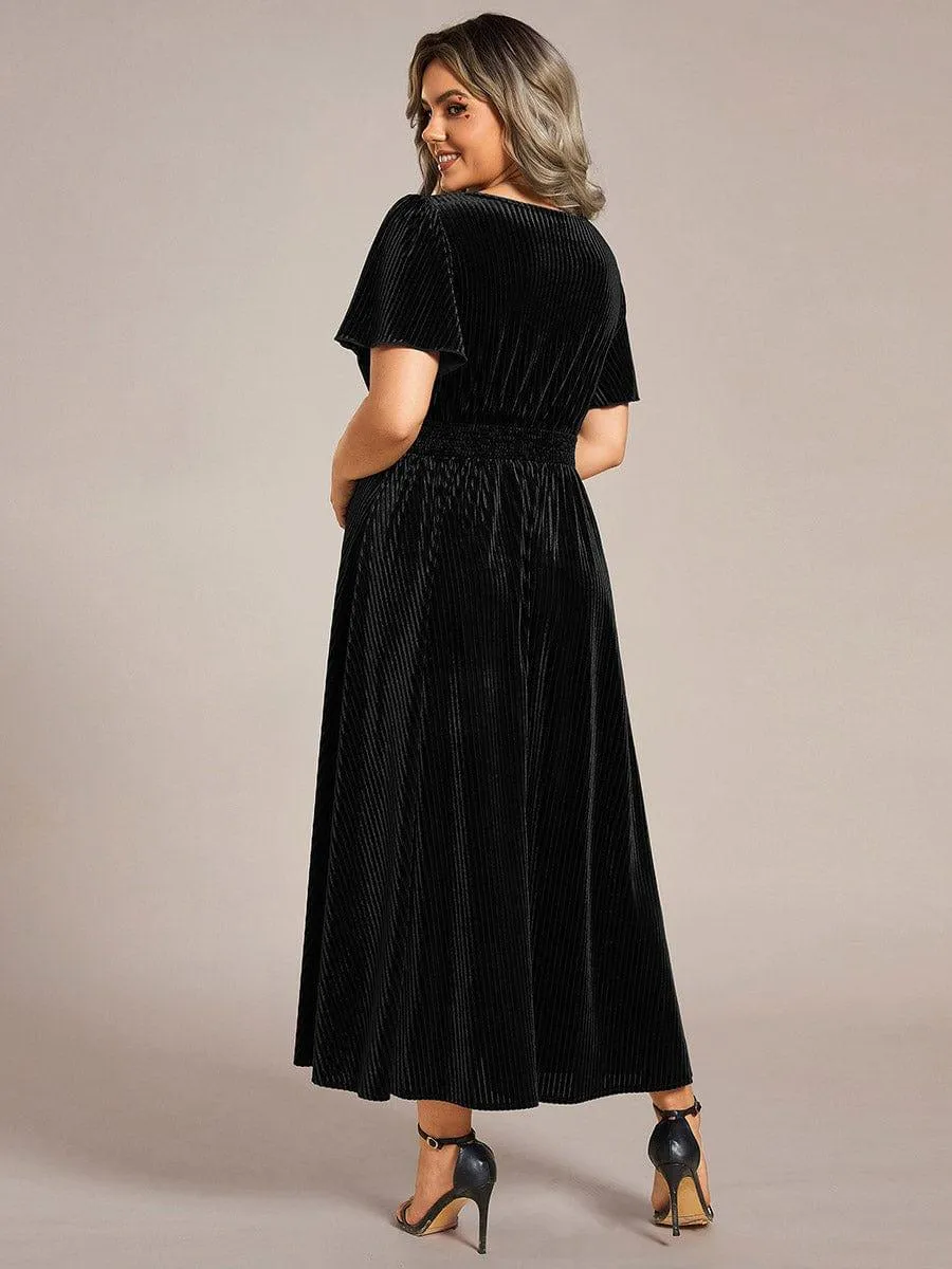 Striped Velvet Flutter Sleeves V-Neck Midi Wedding Guest Dress