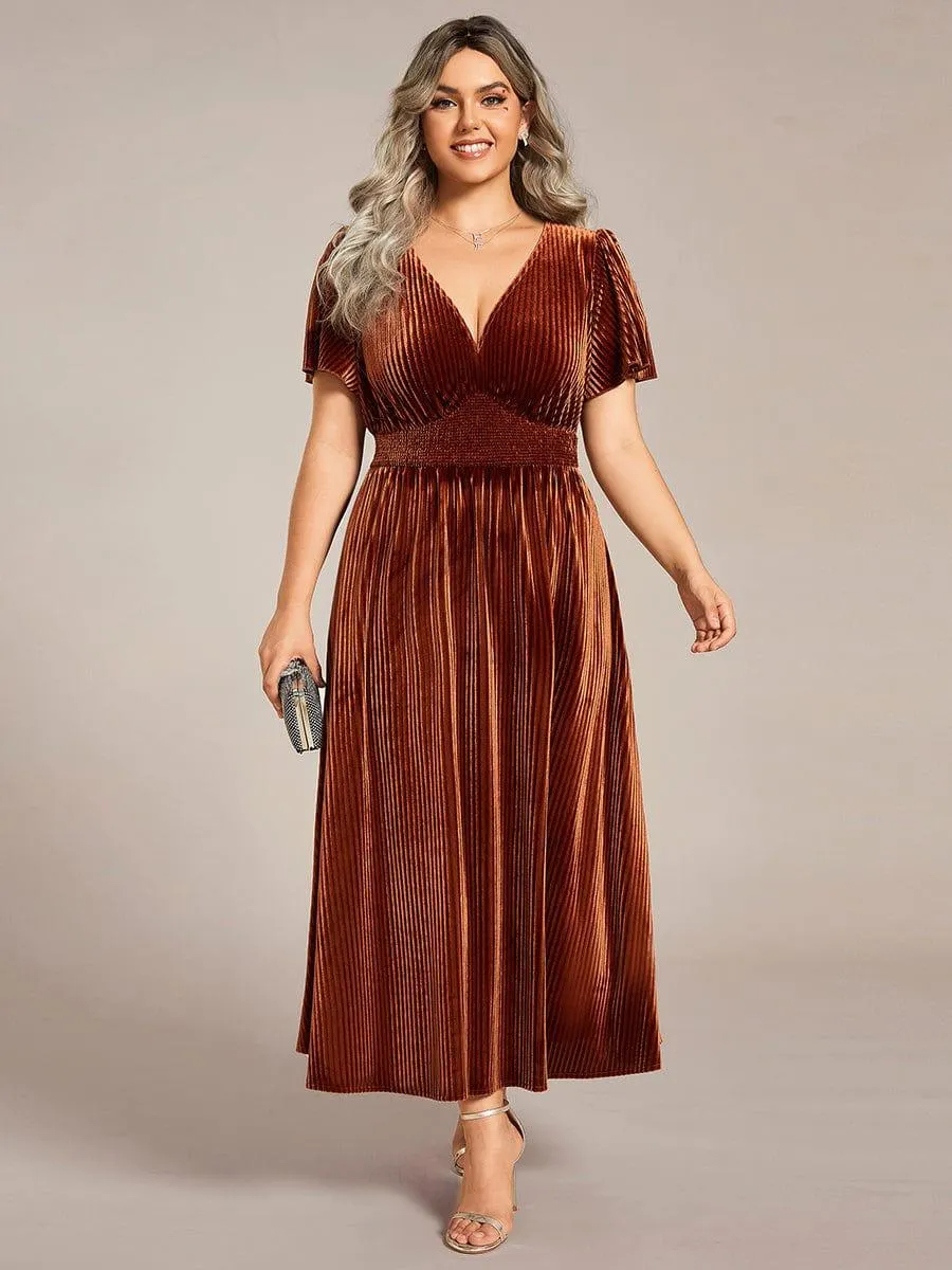 Striped Velvet Flutter Sleeves V-Neck Midi Wedding Guest Dress