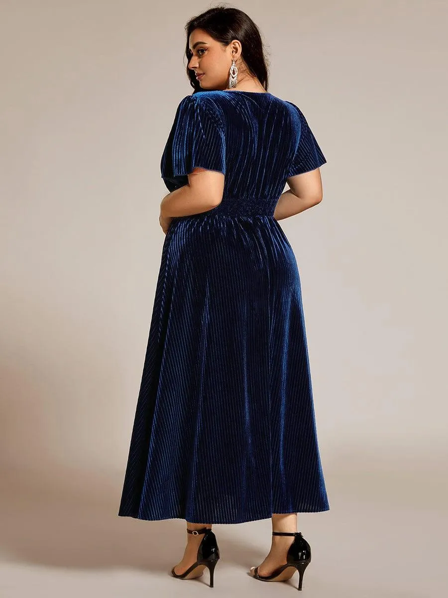 Striped Velvet Flutter Sleeves V-Neck Midi Wedding Guest Dress