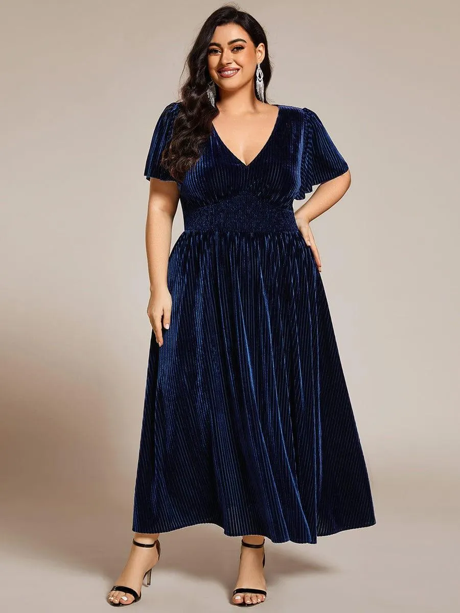 Striped Velvet Flutter Sleeves V-Neck Midi Wedding Guest Dress