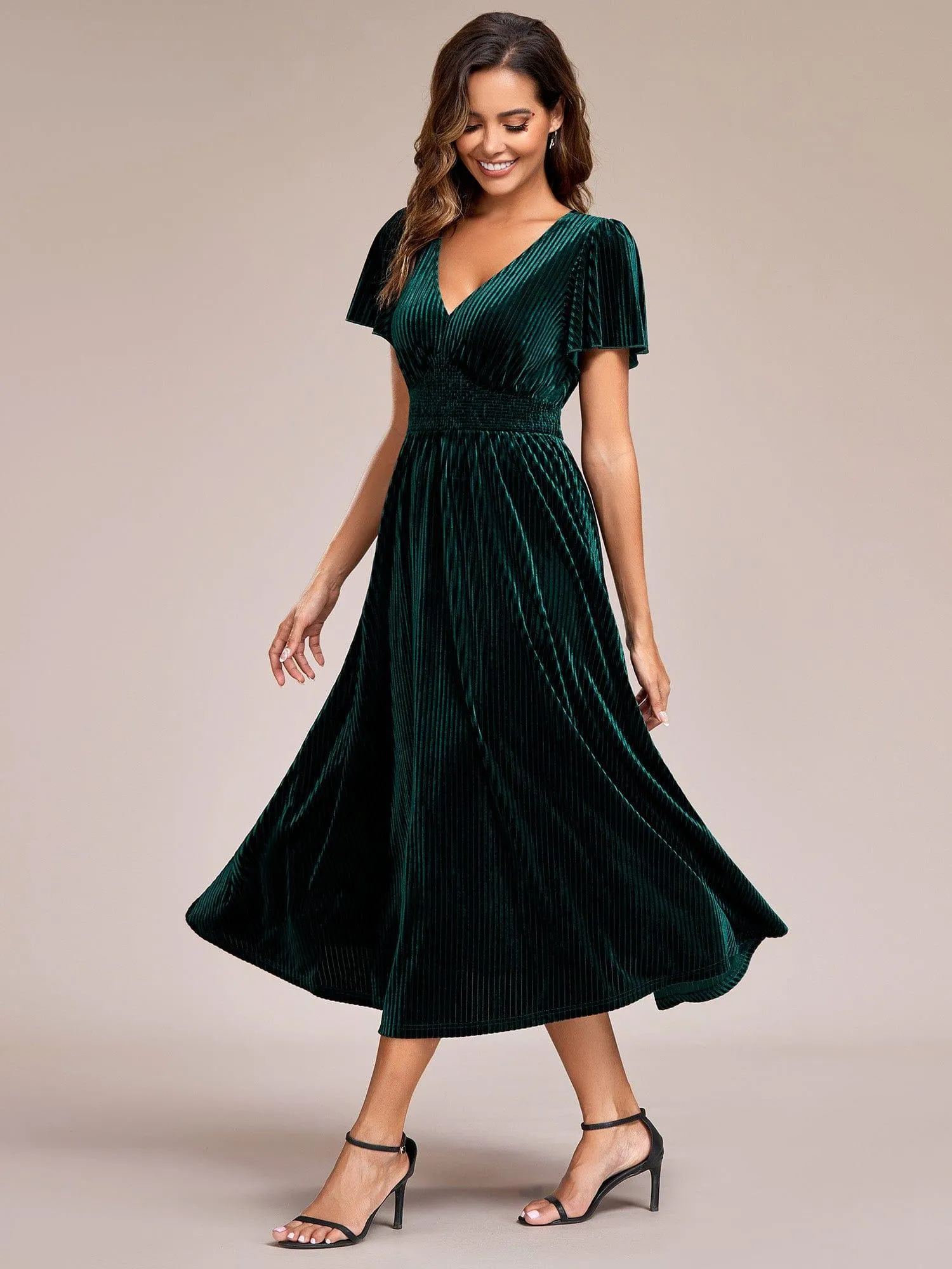 Striped Velvet Flutter Sleeves V-Neck Midi Wedding Guest Dress