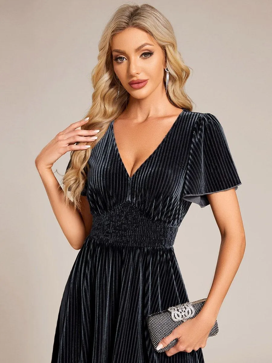 Striped Velvet Flutter Sleeves V-Neck Midi Wedding Guest Dress