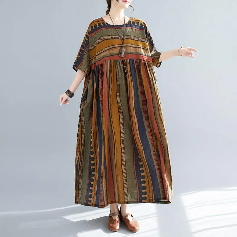 Summer New Literary Large Loose Stripe Printed Short-sleeved Dress For Women