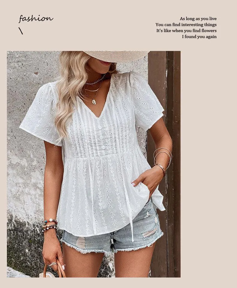 Summer New Women's V-neck Stitching Shirt