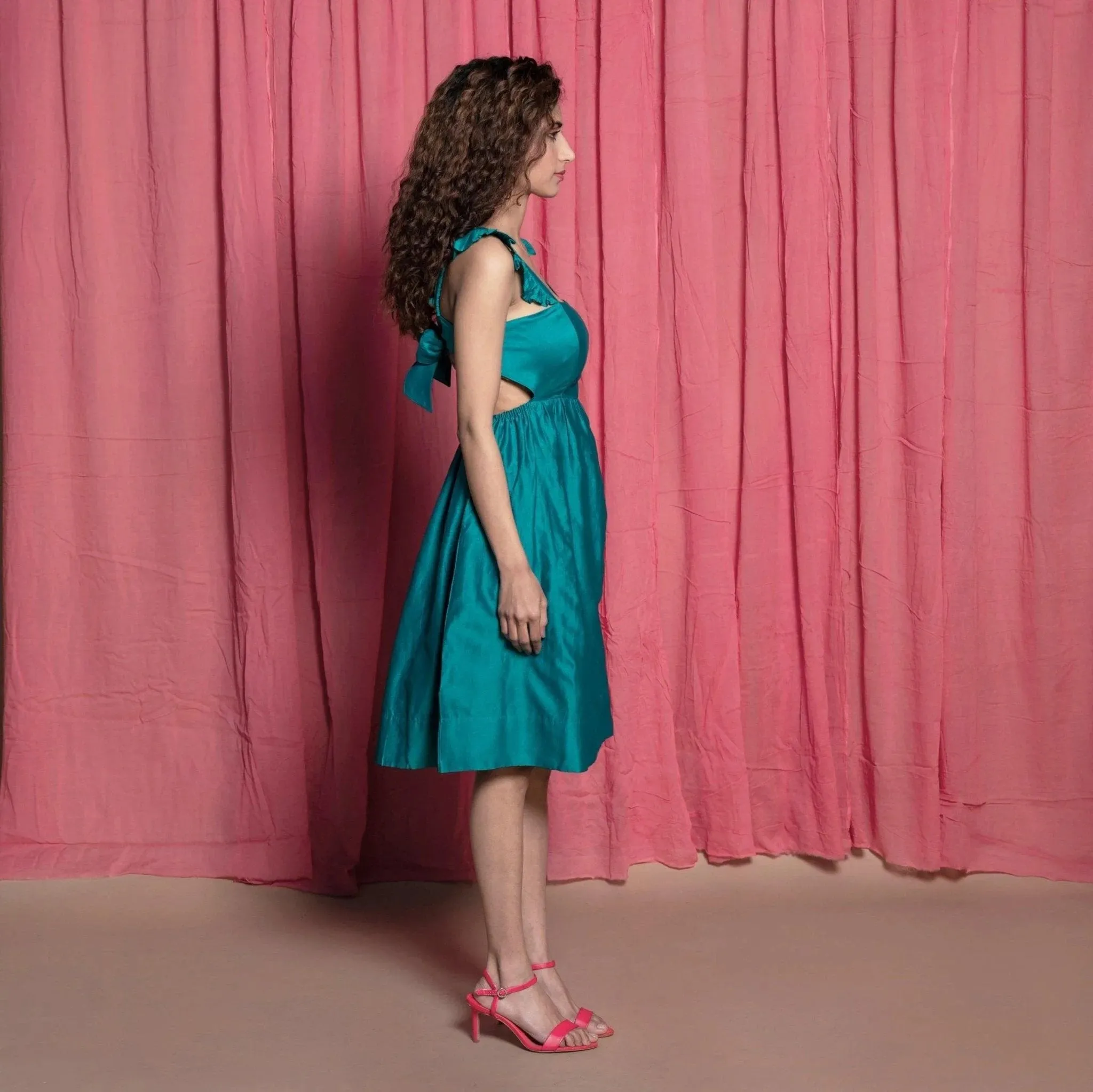 Teal Cotton Chanderi Knee Length Fit and Flare Dress