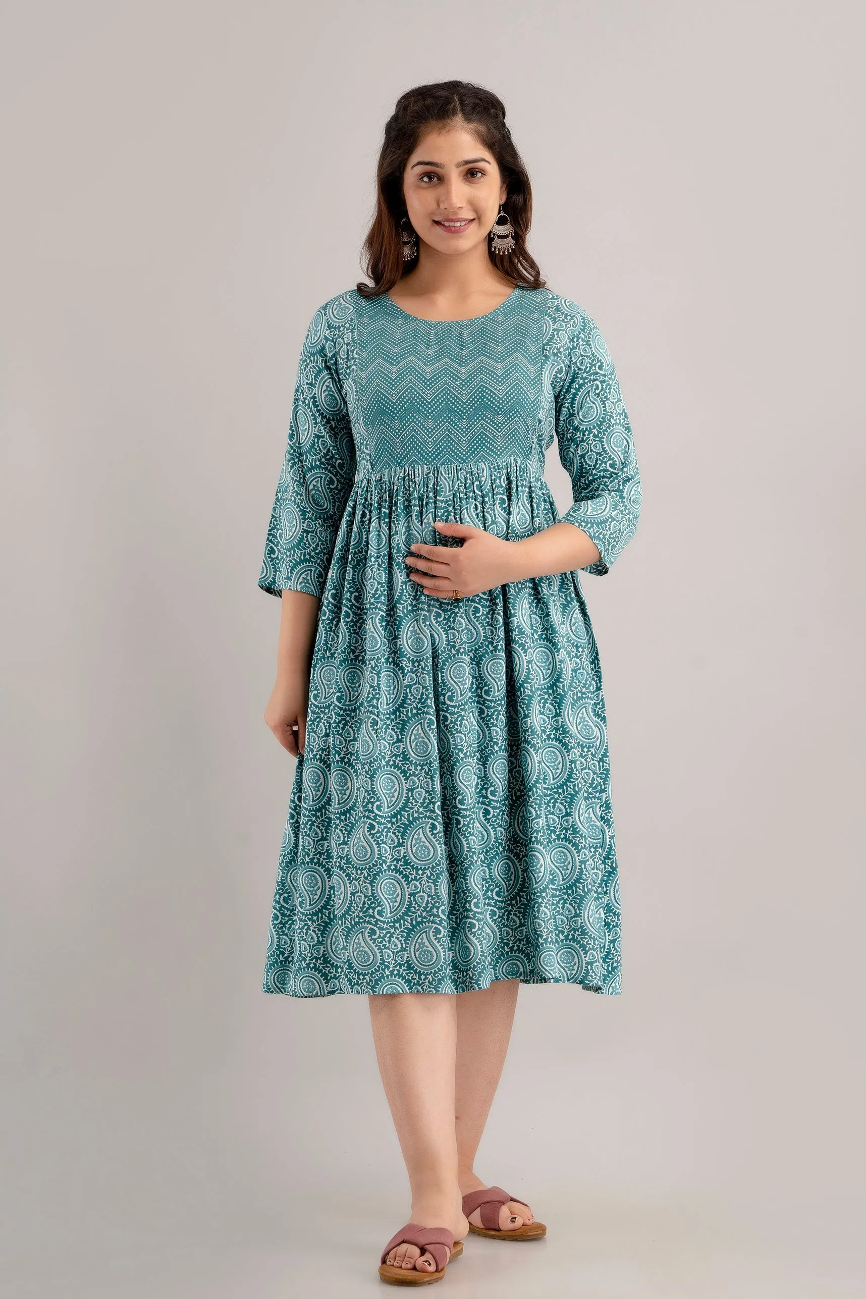 Teal Rayon Paisley Print Maternity Dress
