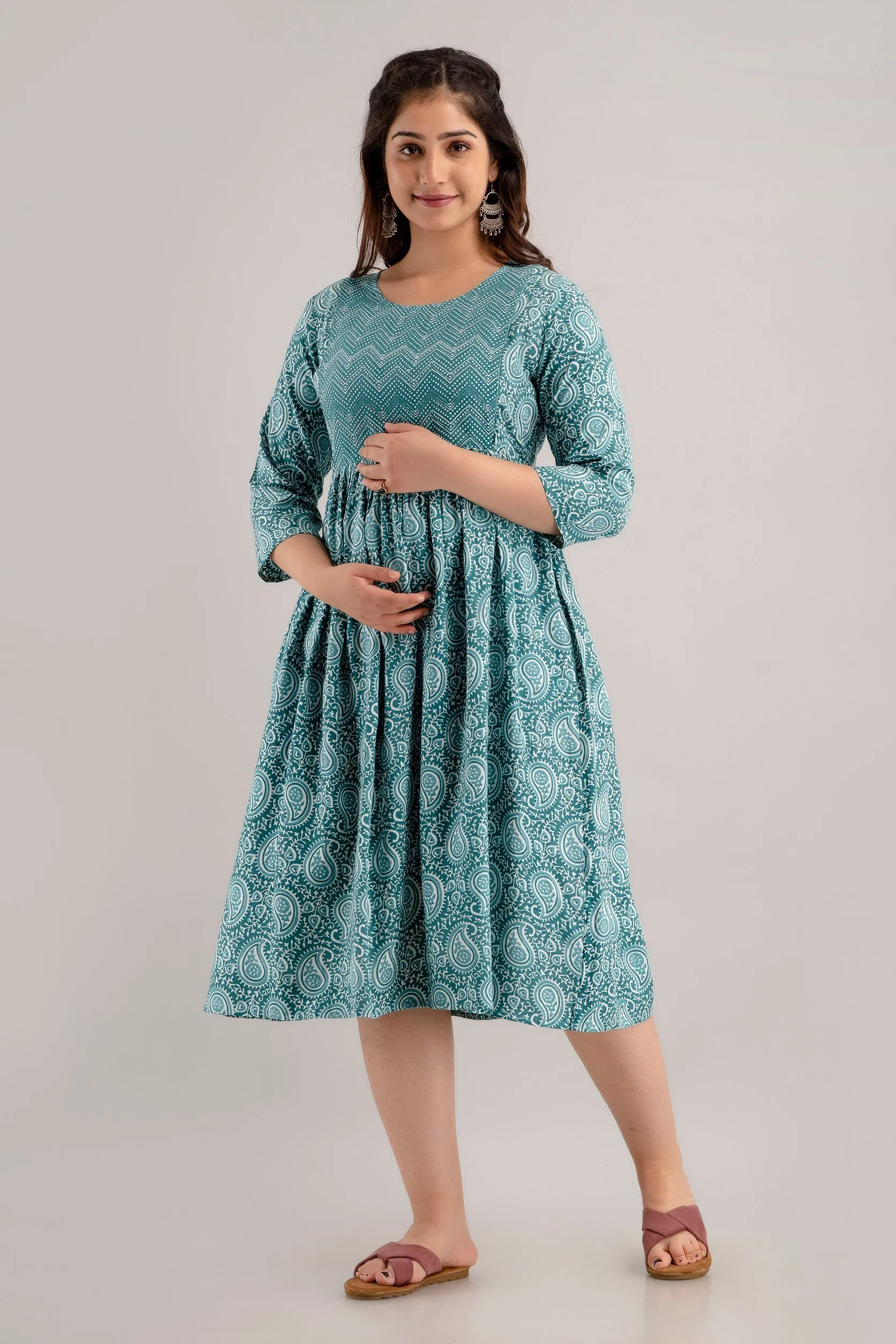 Teal Rayon Paisley Print Maternity Dress