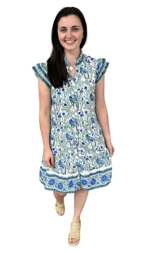 The Lacey Geen and Blue Border Print Cotton Dress