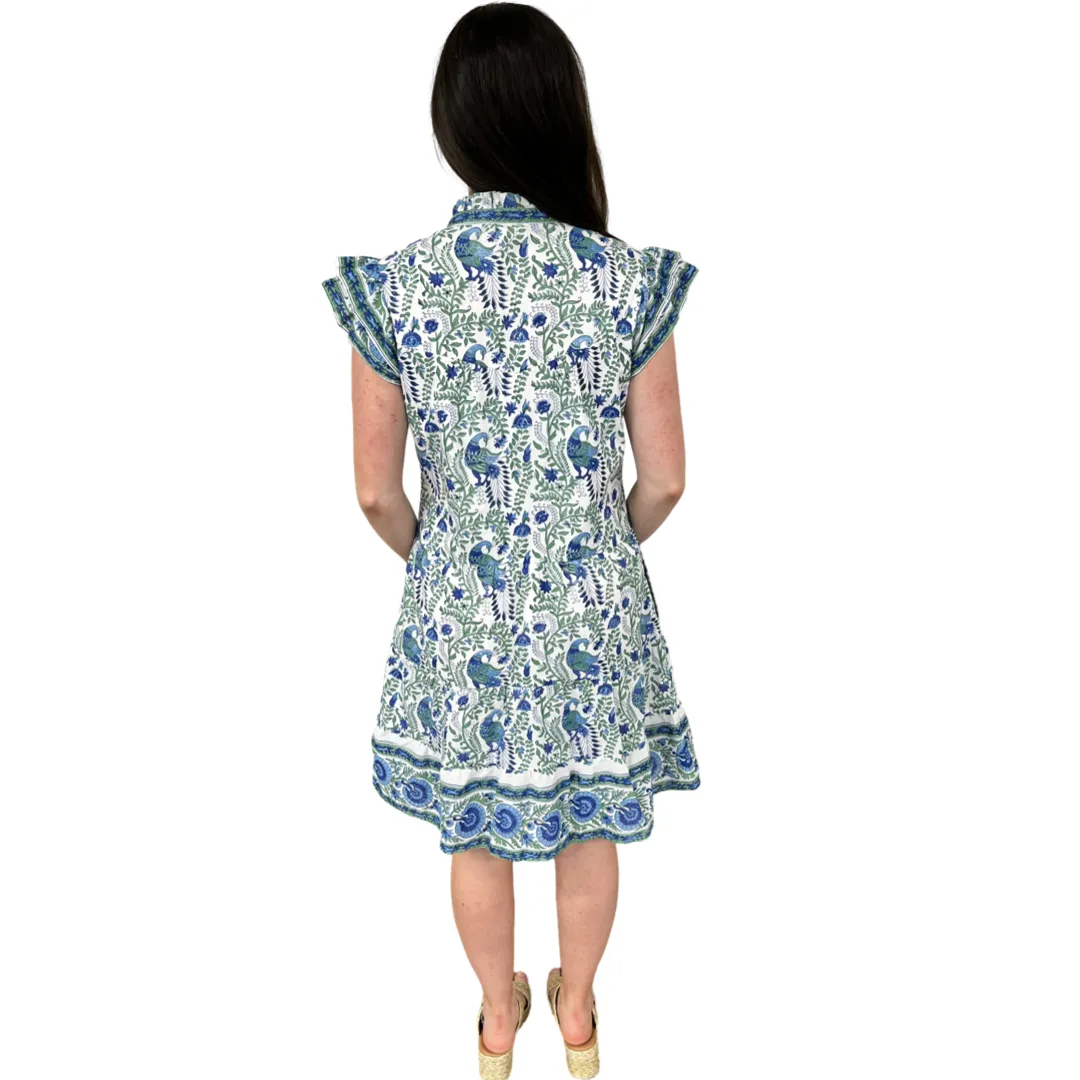 The Lacey Geen and Blue Border Print Cotton Dress