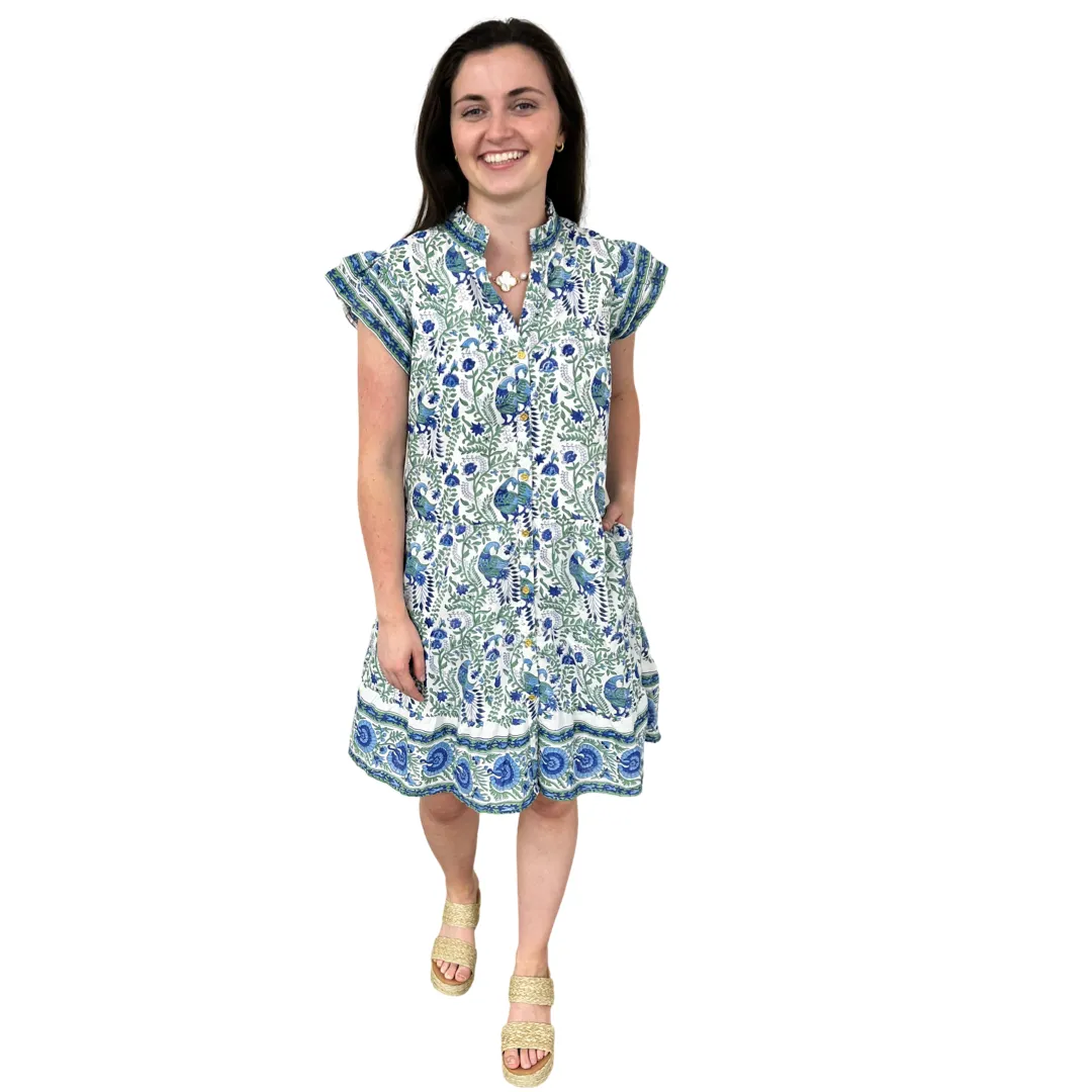 The Lacey Geen and Blue Border Print Cotton Dress