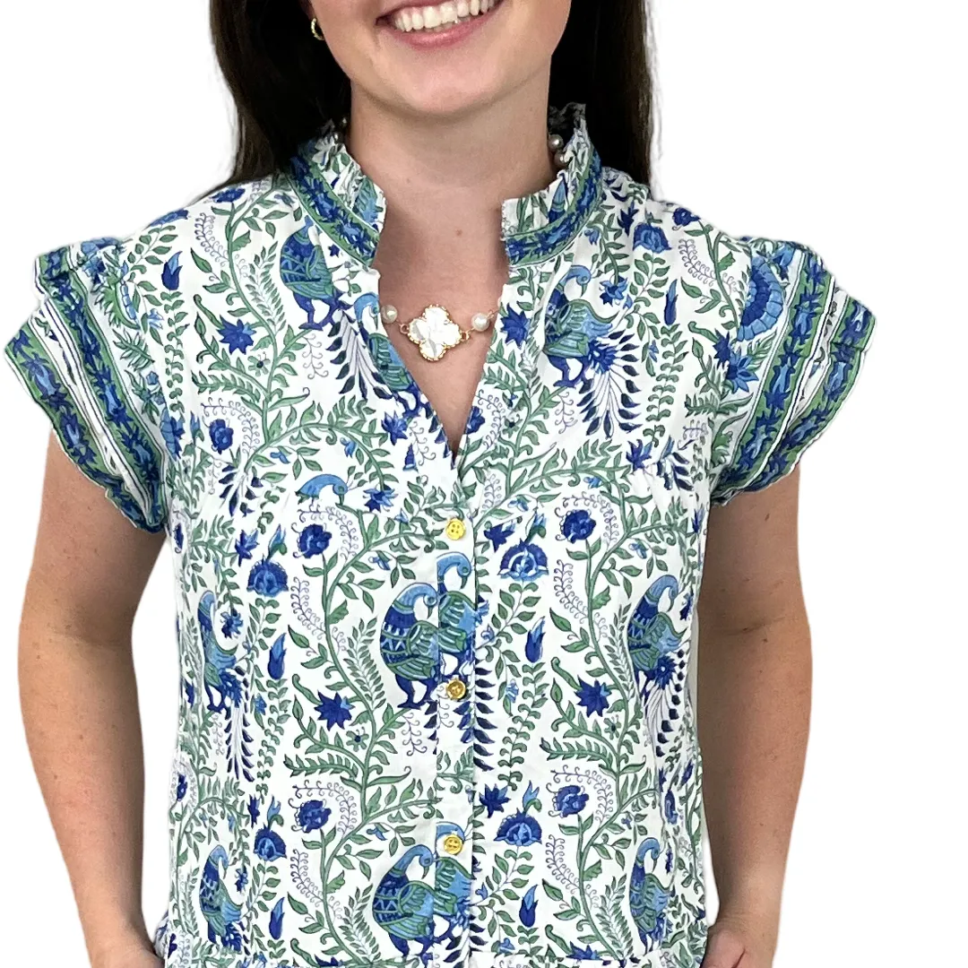 The Lacey Geen and Blue Border Print Cotton Dress