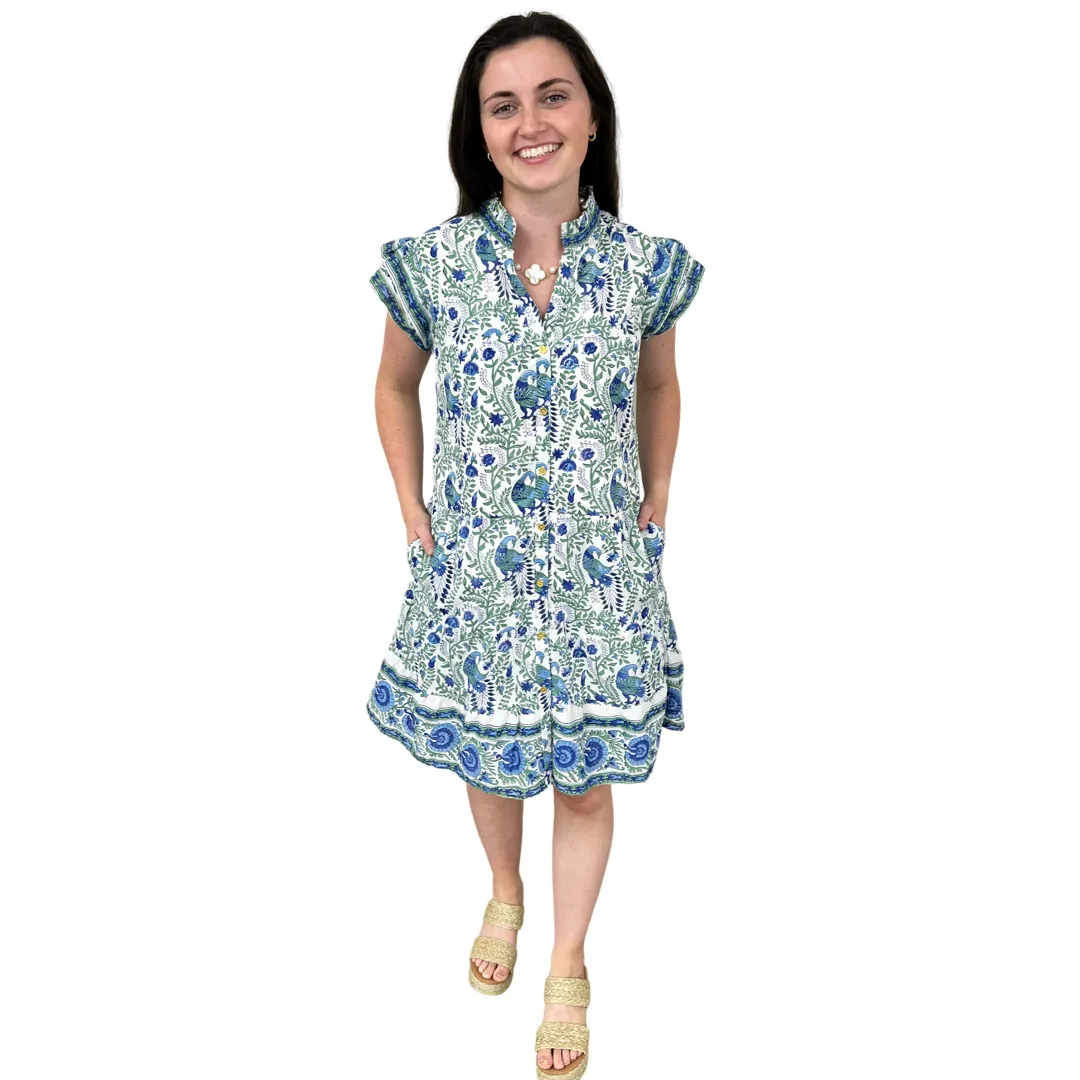 The Lacey Geen and Blue Border Print Cotton Dress