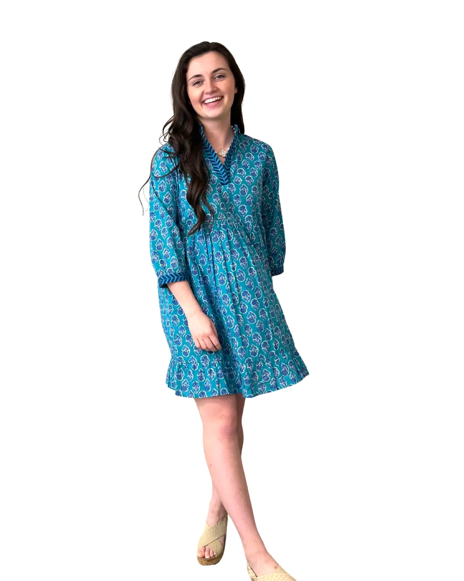 The Morley Cotton Print Beach Dress in Green and Blue