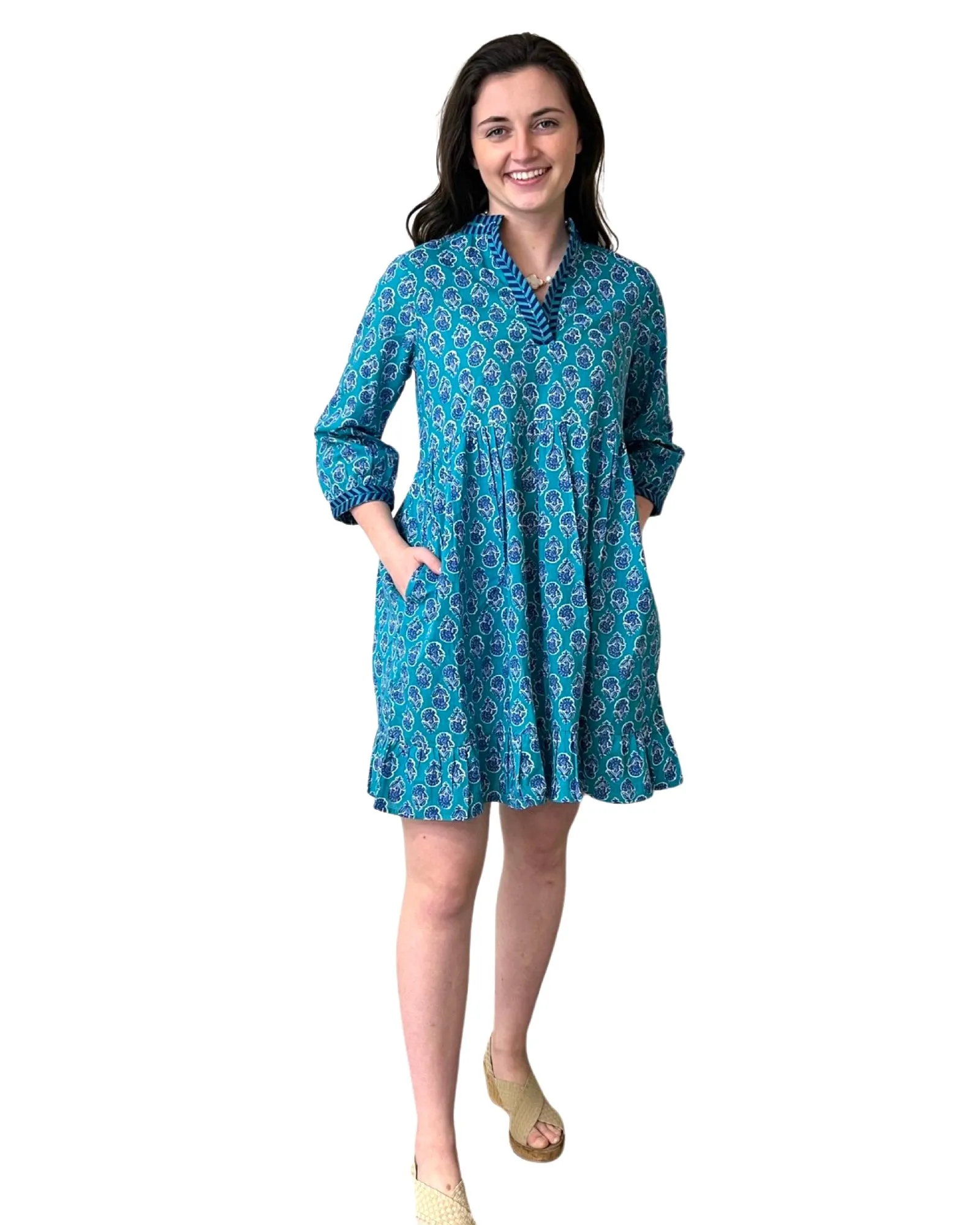The Morley Cotton Print Beach Dress in Green and Blue