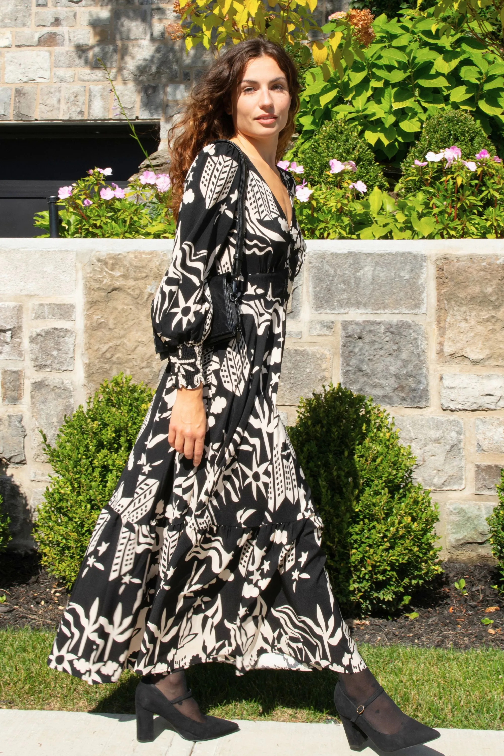 Tina Boho Print Maxi Dress Long Sleeve V-Neck Flowy Elegant Chic