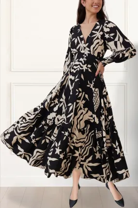 Tina Boho Print Maxi Dress Long Sleeve V-Neck Flowy Elegant Chic
