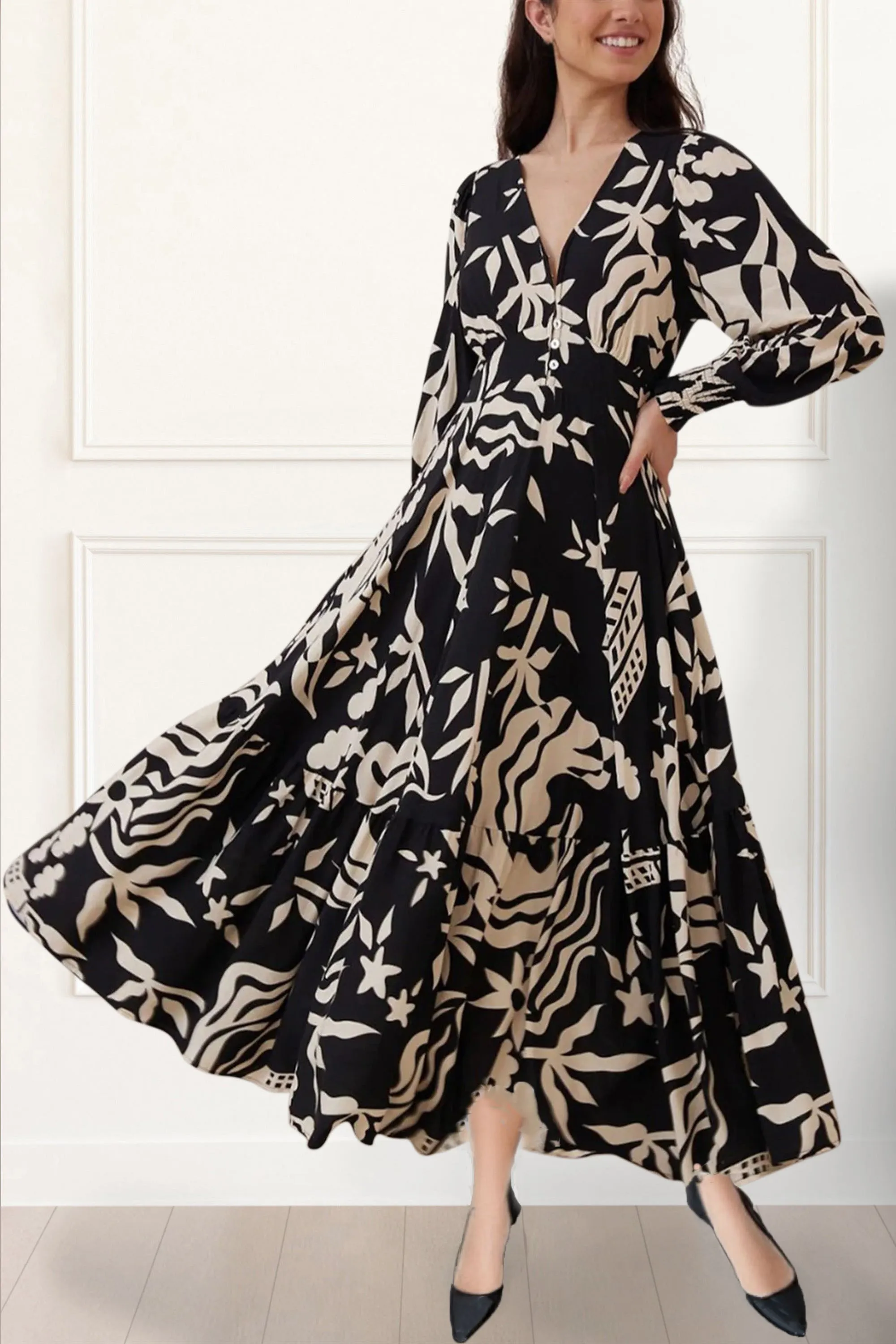 Tina Boho Print Maxi Dress Long Sleeve V-Neck Flowy Elegant Chic