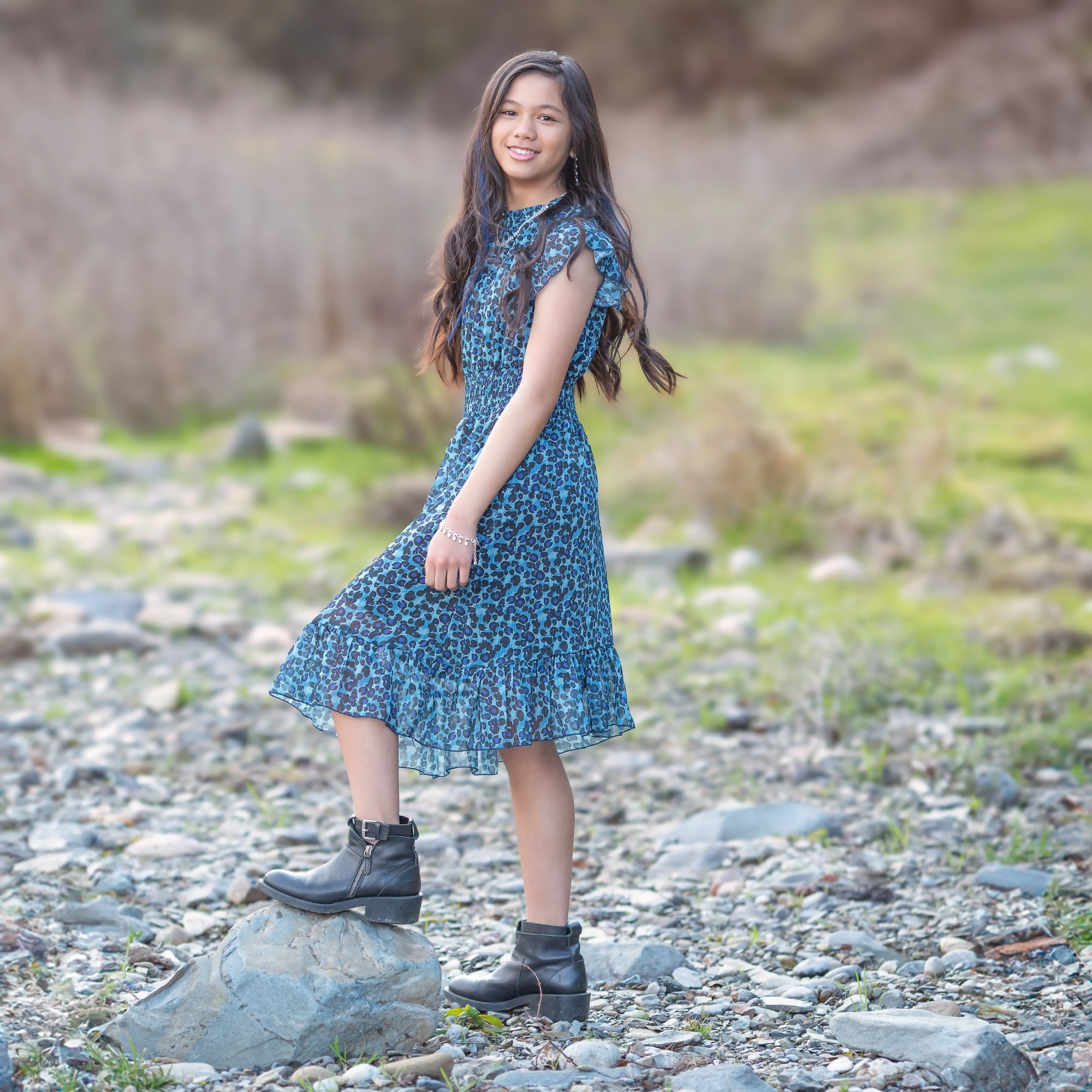Tween Smocked Cap Sleeve Flounce Hem