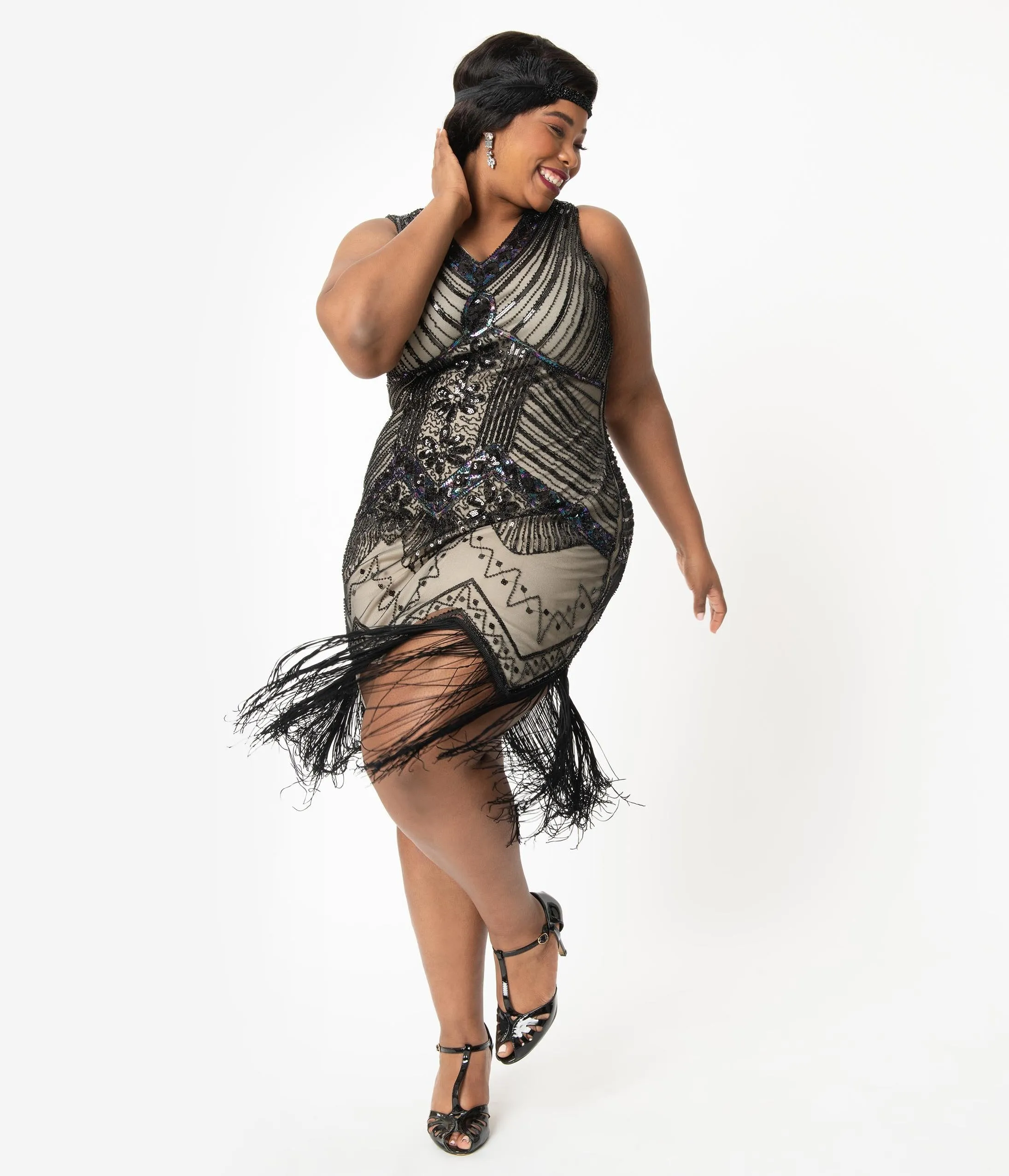 Unique Vintage Plus Size 1920s Deco Beige & Black Sequin Veronique Flapper Dress