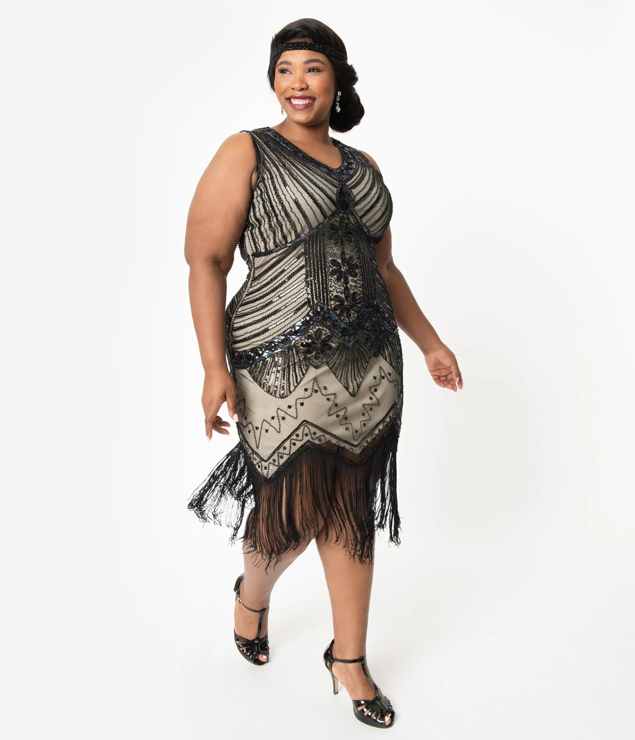 Unique Vintage Plus Size 1920s Deco Beige & Black Sequin Veronique Flapper Dress