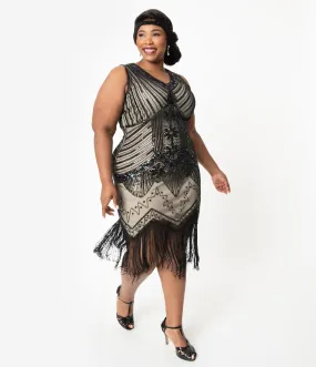 Unique Vintage Plus Size 1920s Deco Beige & Black Sequin Veronique Flapper Dress
