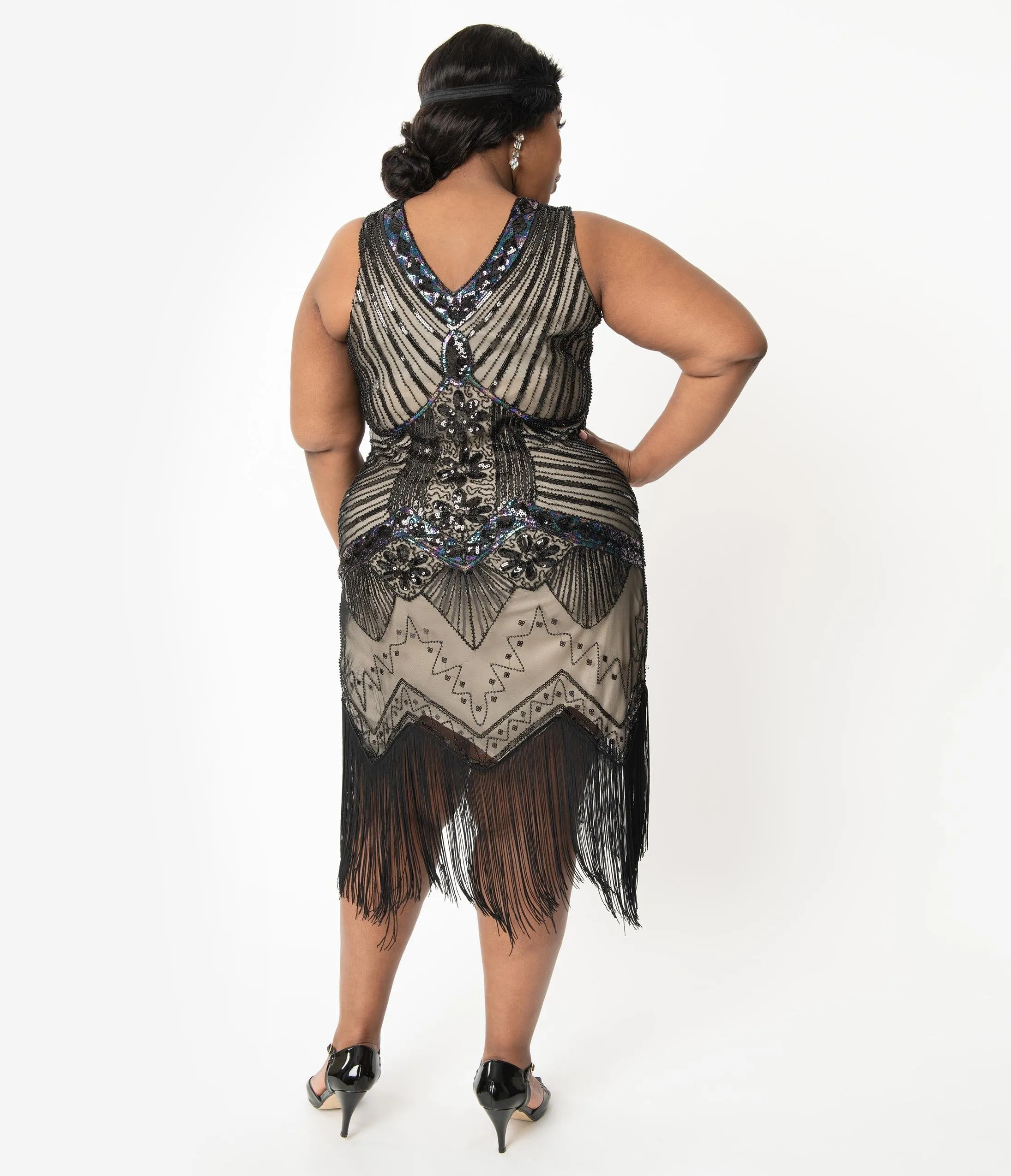 Unique Vintage Plus Size 1920s Deco Beige & Black Sequin Veronique Flapper Dress