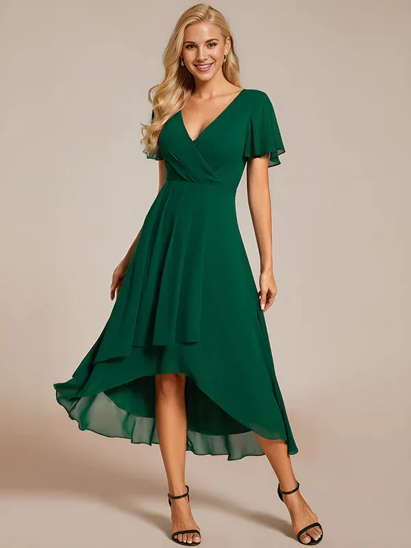 V-Neck Midi Chiffon Bridesmaid Dress with Ruffles Sleeve