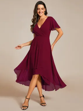 V-Neck Midi Chiffon Bridesmaid Dress with Ruffles Sleeve