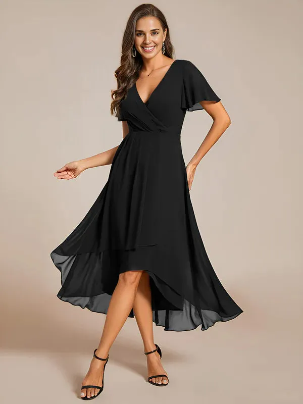 V-Neck Midi Chiffon Bridesmaid Dress with Ruffles Sleeve