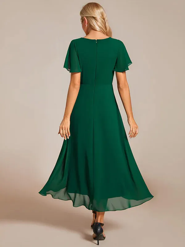 V-Neck Midi Chiffon Bridesmaid Dress with Ruffles Sleeve
