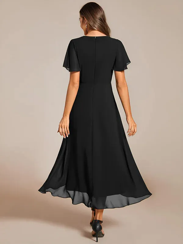 V-Neck Midi Chiffon Bridesmaid Dress with Ruffles Sleeve