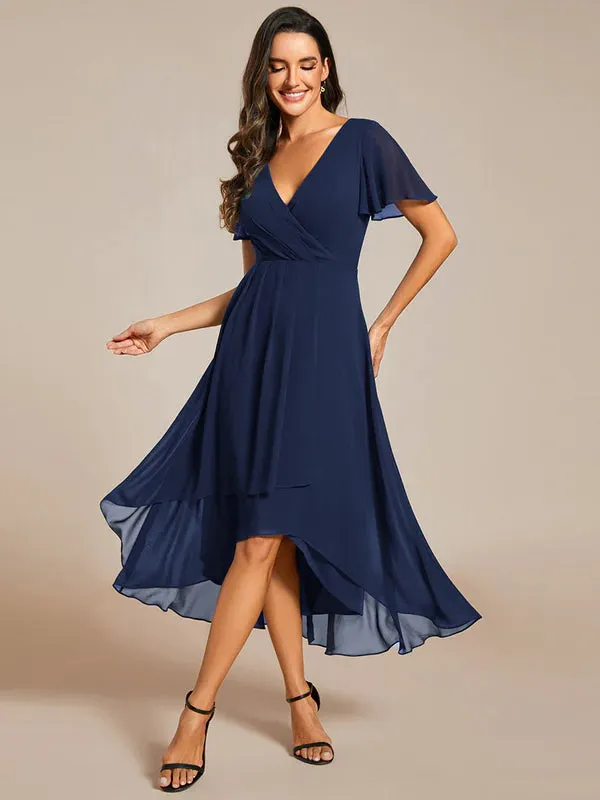 V-Neck Midi Chiffon Bridesmaid Dress with Ruffles Sleeve
